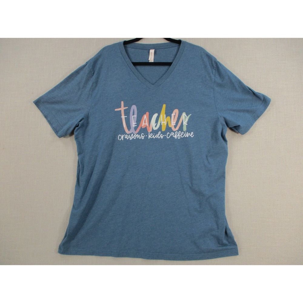 Bella Canvas Teacher Crayons Kids Caffeine V-Neck Graphic Tee Blue 2XL